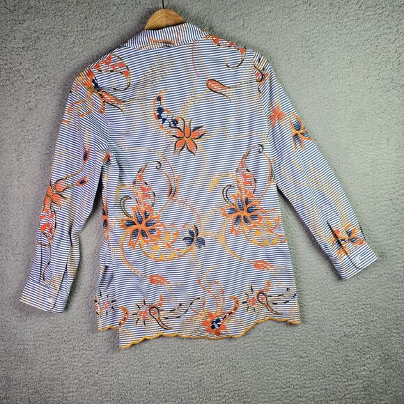 Peck & Peck Embroidered Striped Floral Shirt Small Cotton Boho Scallop Hem Blue - Picture 15 of 16